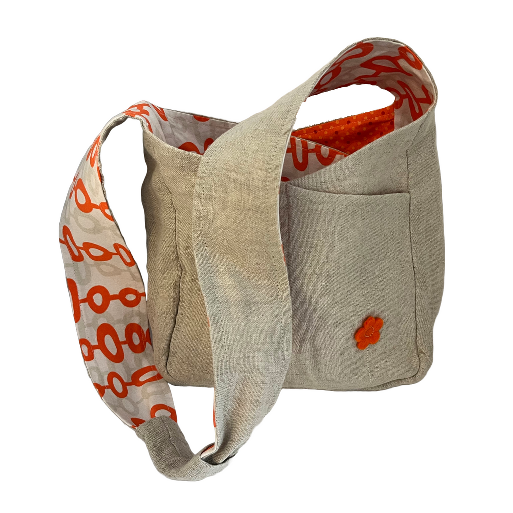 Linen Crossbody w/Orange Flower