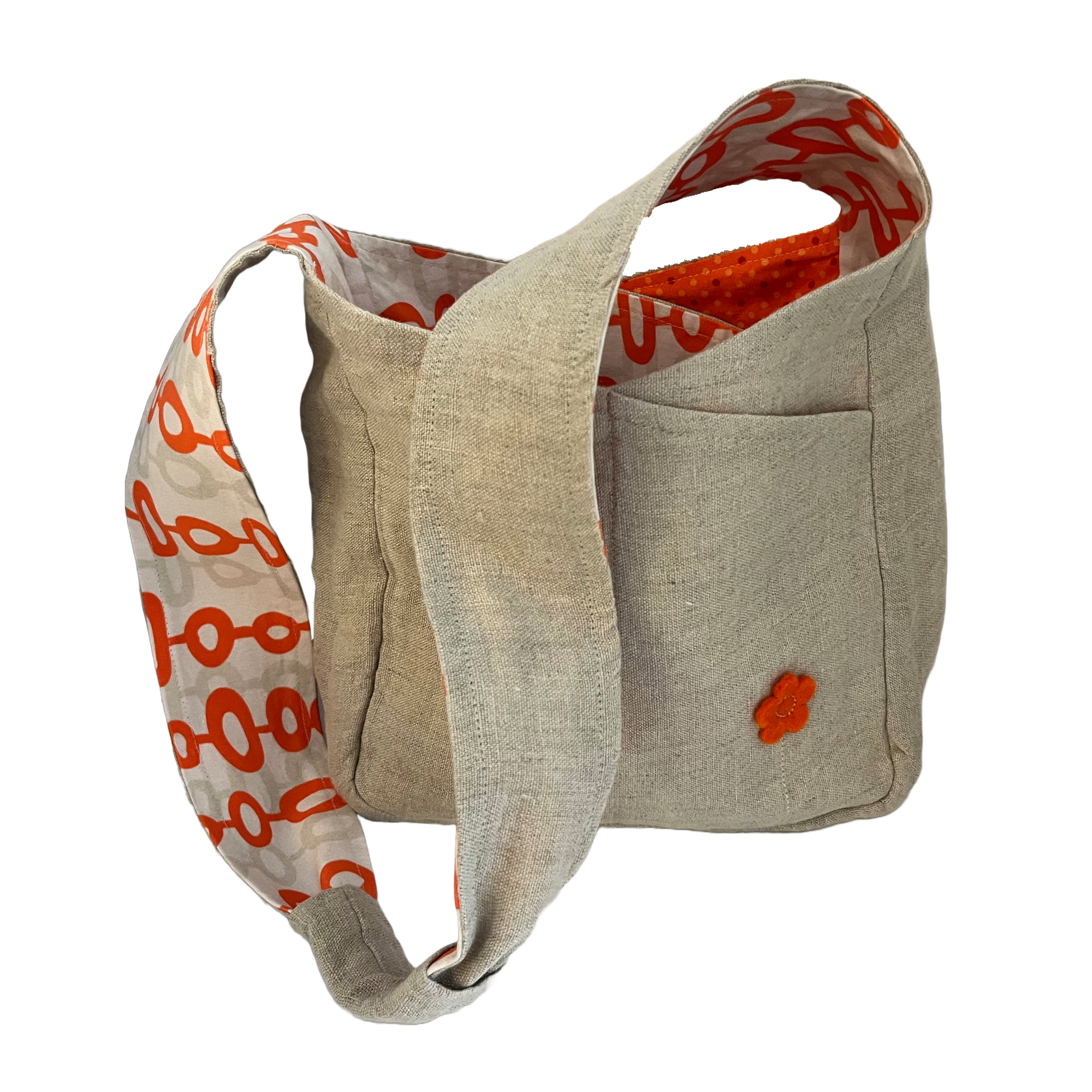 Linen Crossbody w/Orange Flower