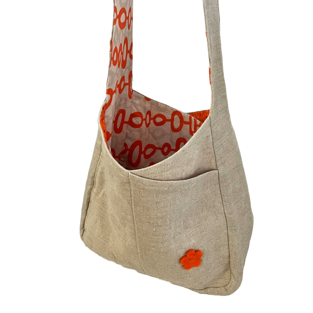 Linen Crossbody w/Orange Flower