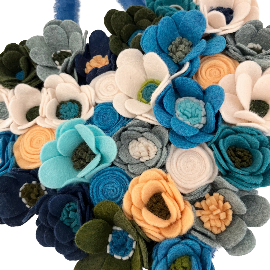 Handmade Felt Flower Hanging Heart - Coastal Blues Garden