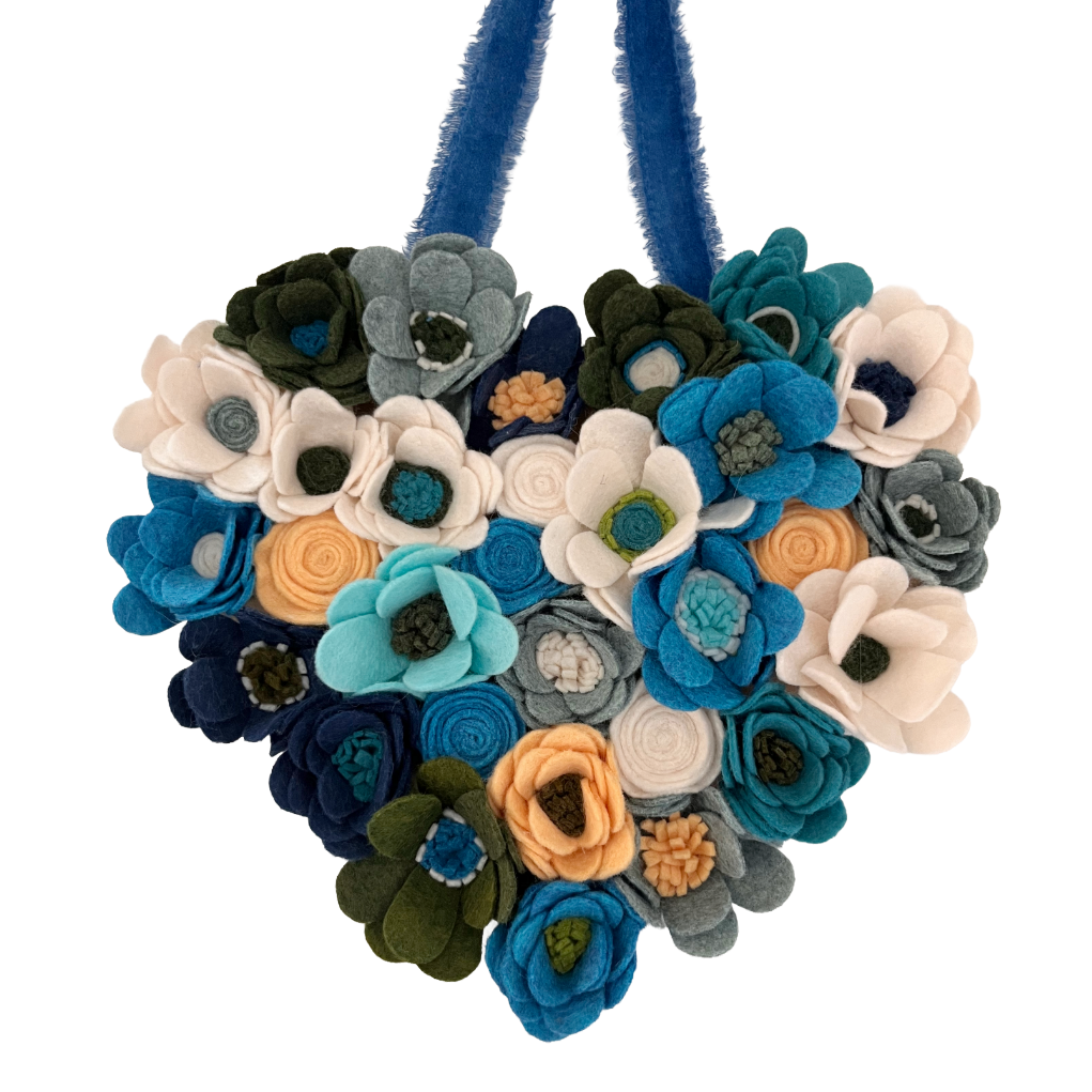 Handmade Felt Flower Hanging Heart - Coastal Blues Garden