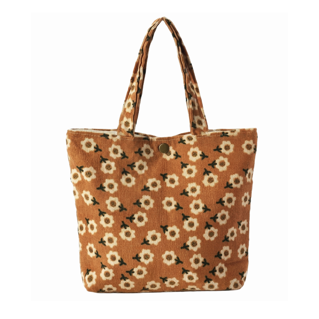 Retro Bloom Vintage Floral Corduroy Tote Bag