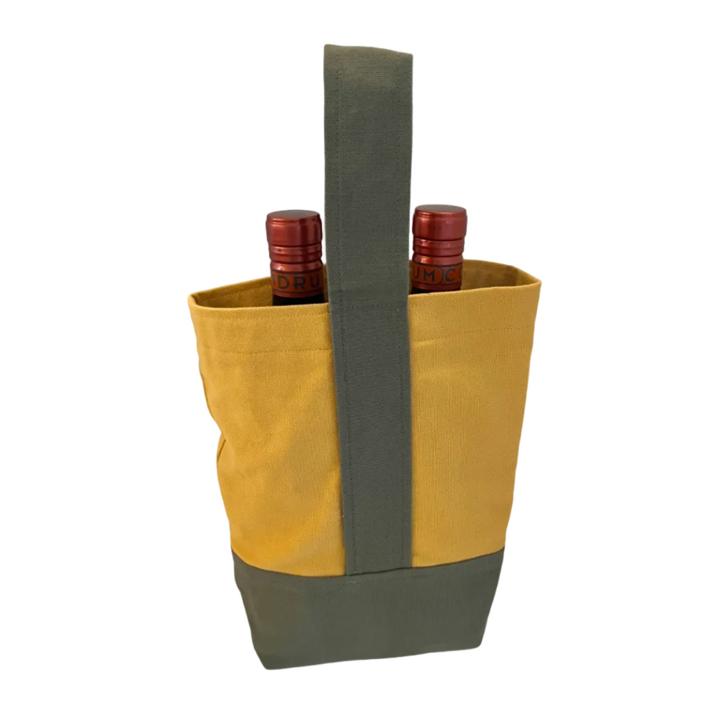 Yellow and green wine carrier with two bottles on a white background