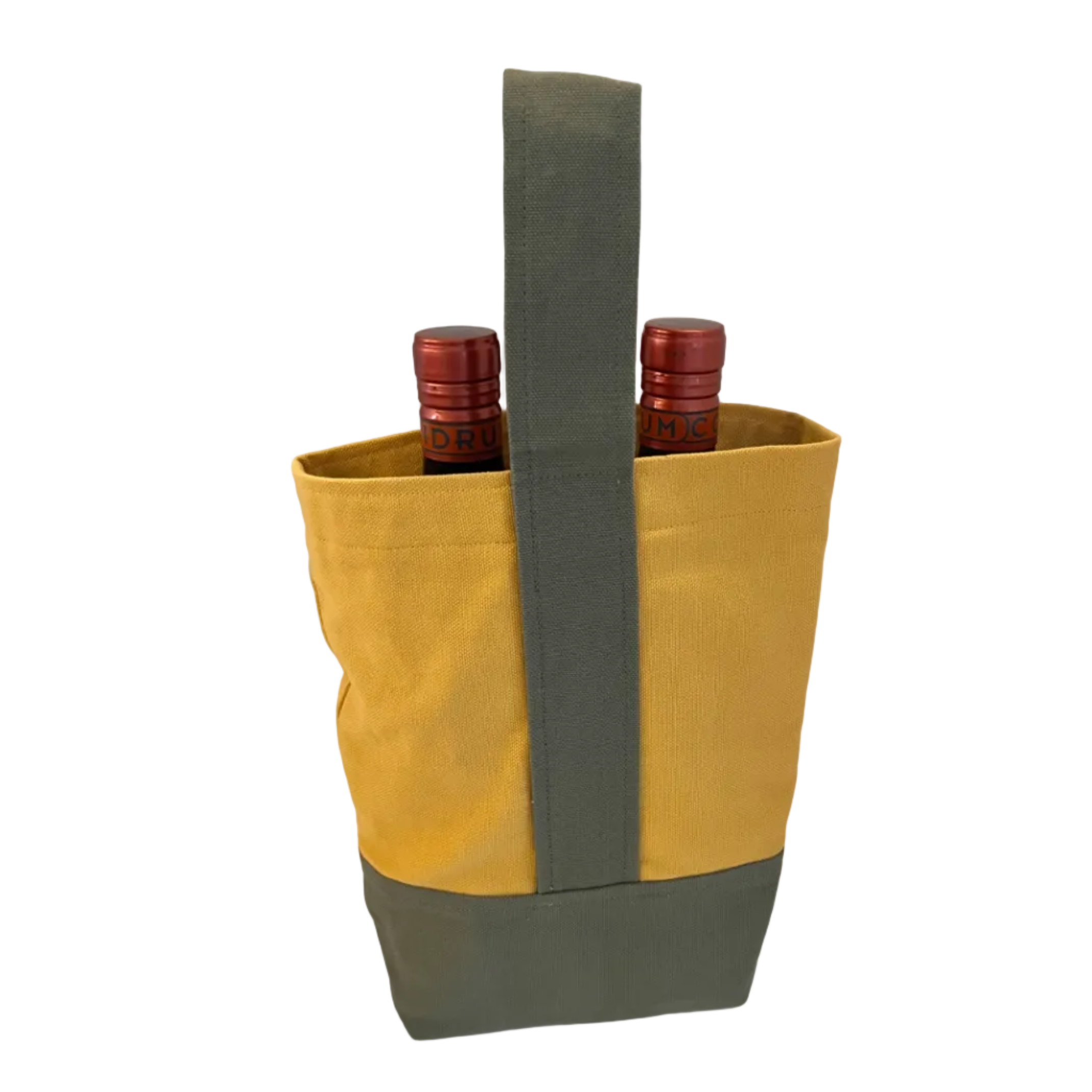 Yellow and green wine carrier with two bottles on a white background