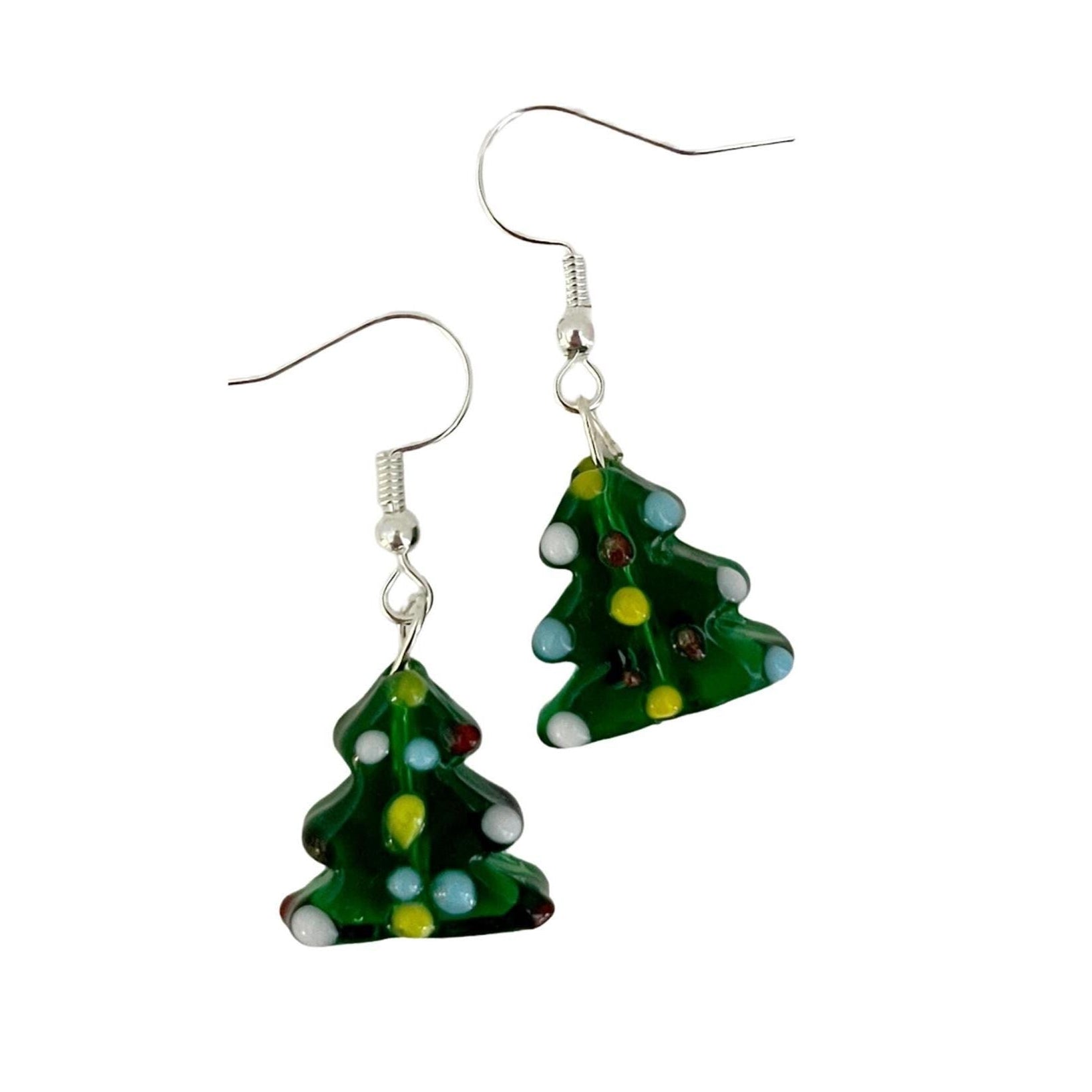 Green Christmas tree-shaped earrings on a white background