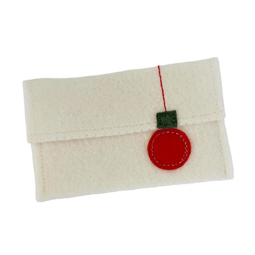 Felt envelope with a red and green ornament on a white background
