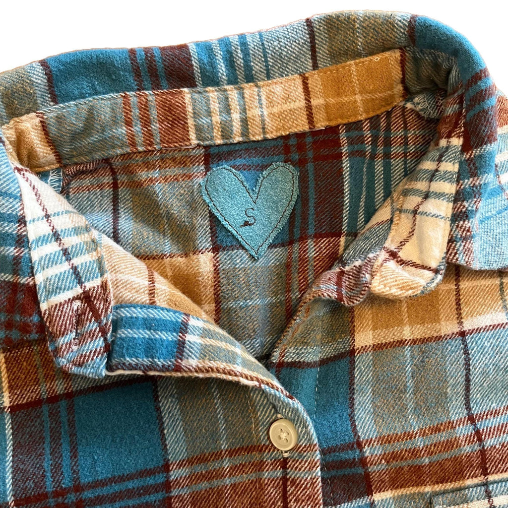 Plaid Flannel Shirt with Brown Heart Embellishments