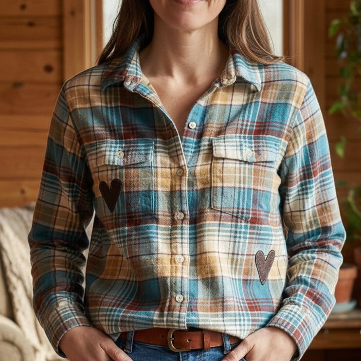 Plaid Flannel Shirt with Brown Heart Embellishments