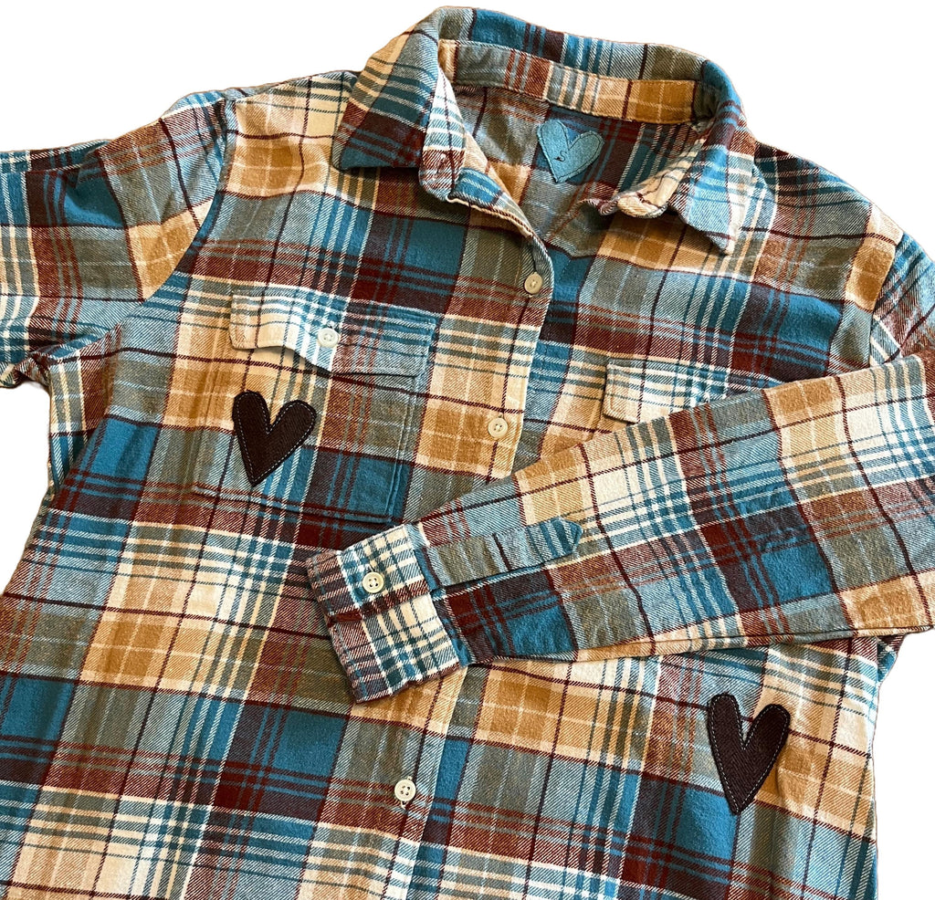 Plaid Flannel Shirt with Brown Heart Embellishments