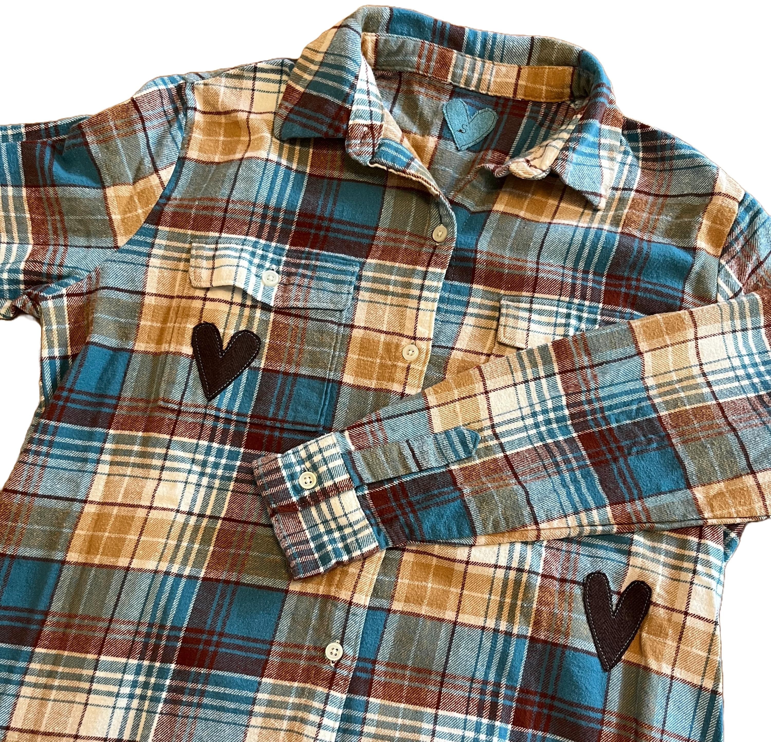 Plaid Flannel Shirt with Brown Heart Embellishments