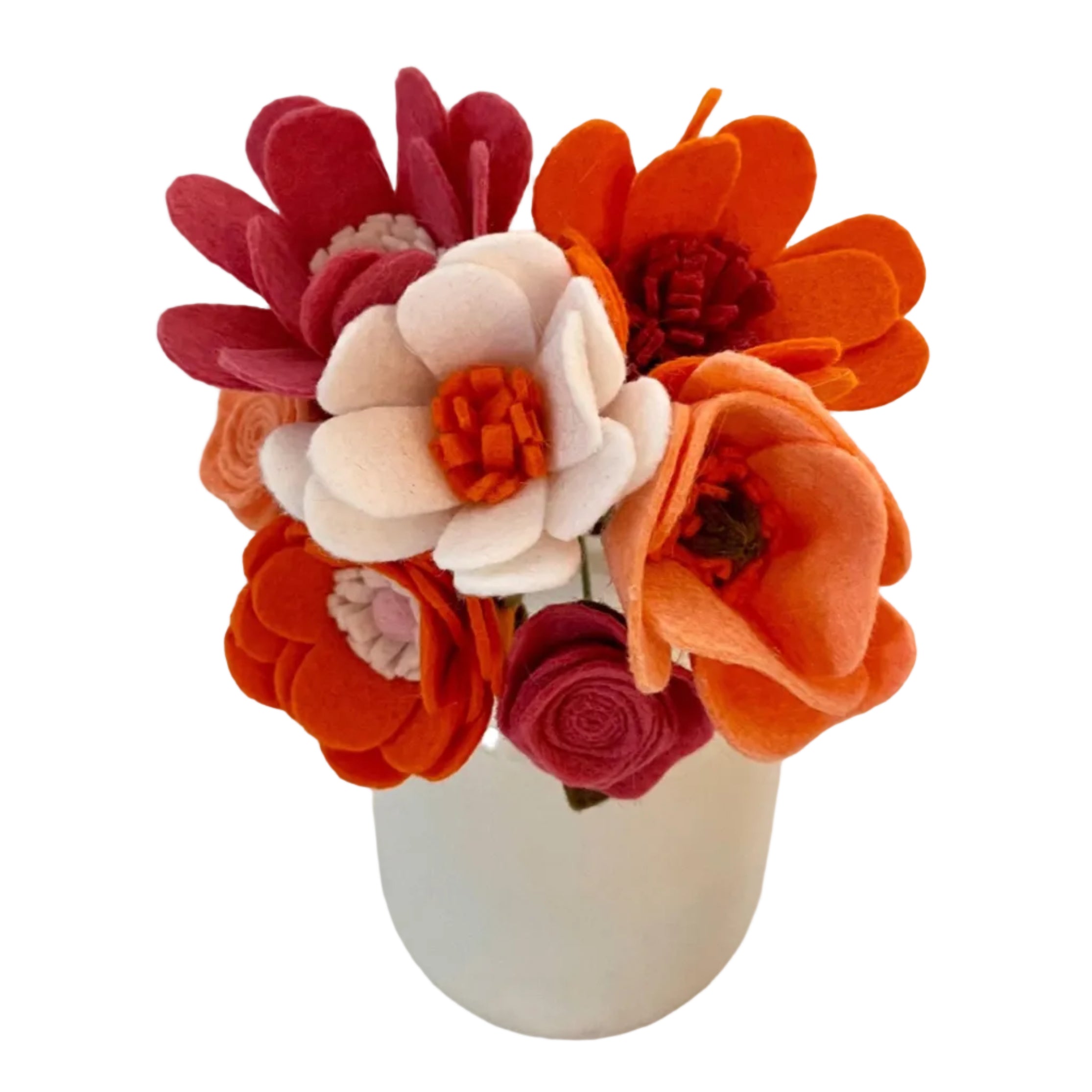 Felt flower arrangement in a white vase on a white background