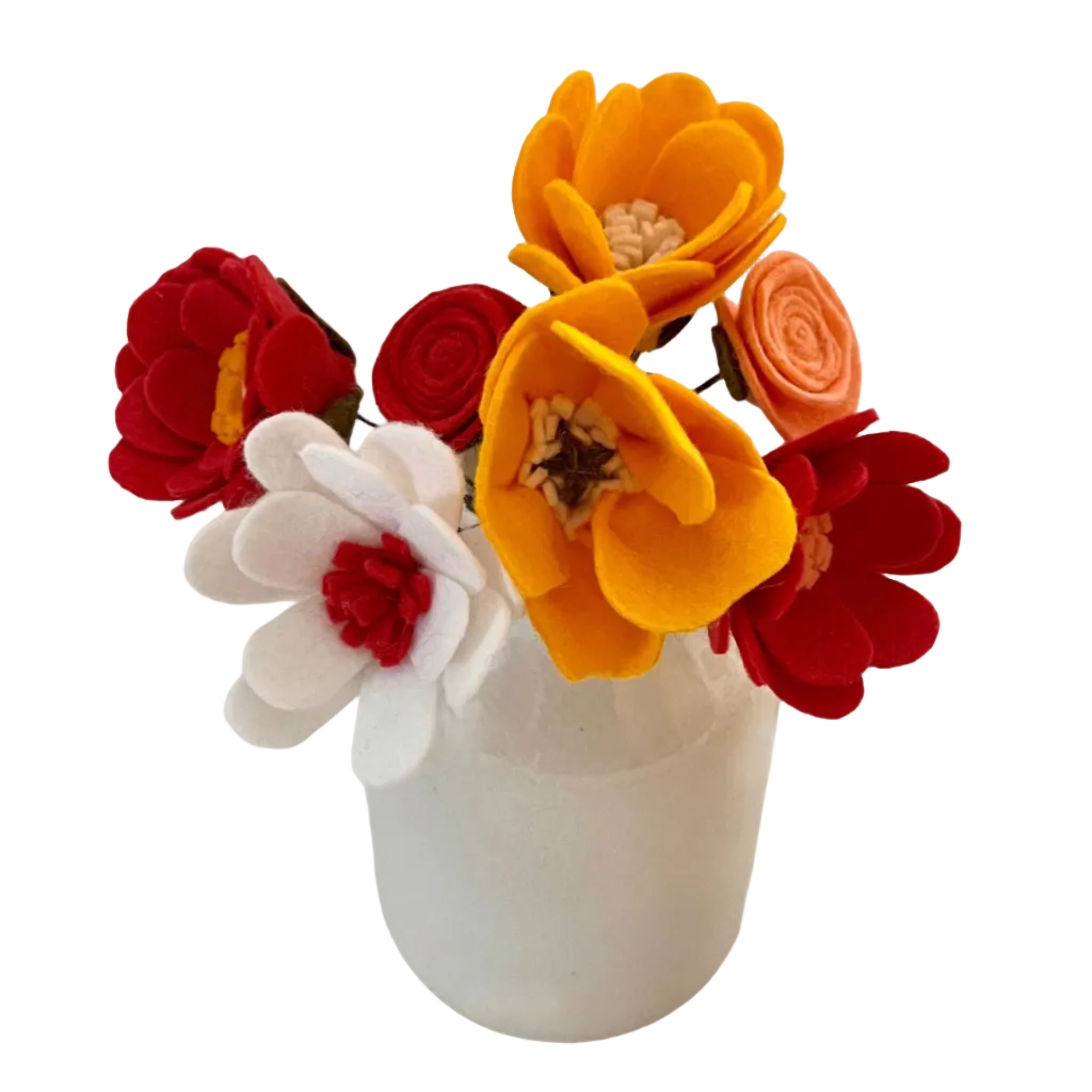 Colorful felt flowers in a white vase on a white background