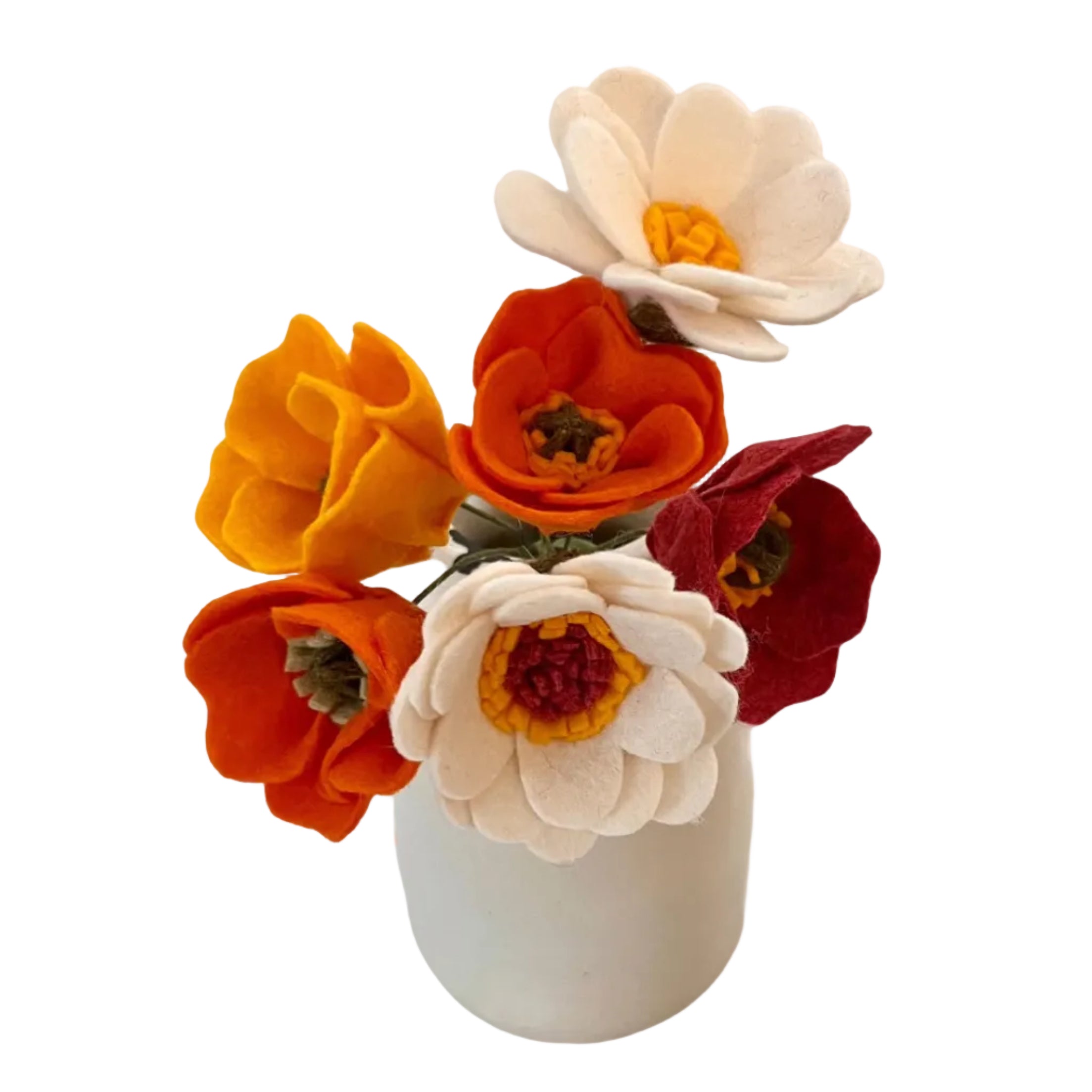 Felt flower bouquet with orange, white, and red flowers in a white vase on a white background