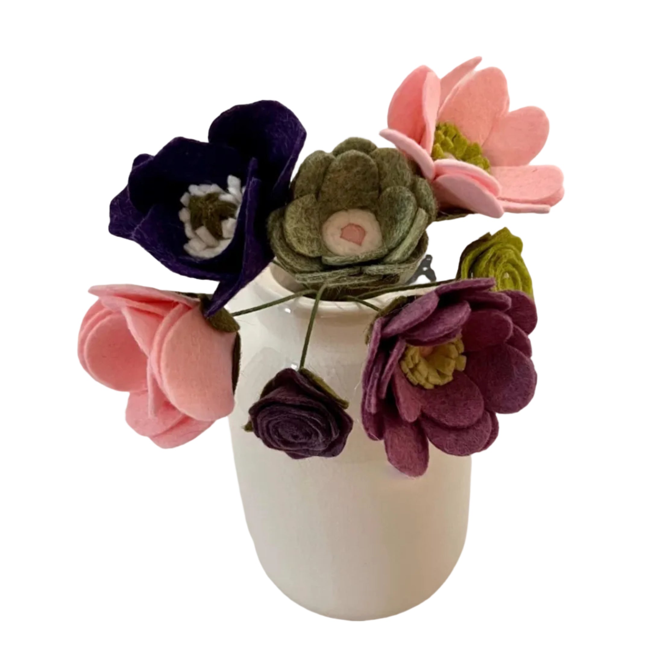 Decorative vase with felt flowers on a white background