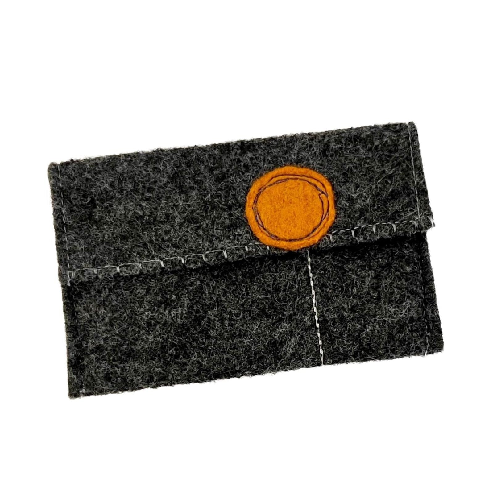 Gray felt pouch with an orange circular patch on a white background