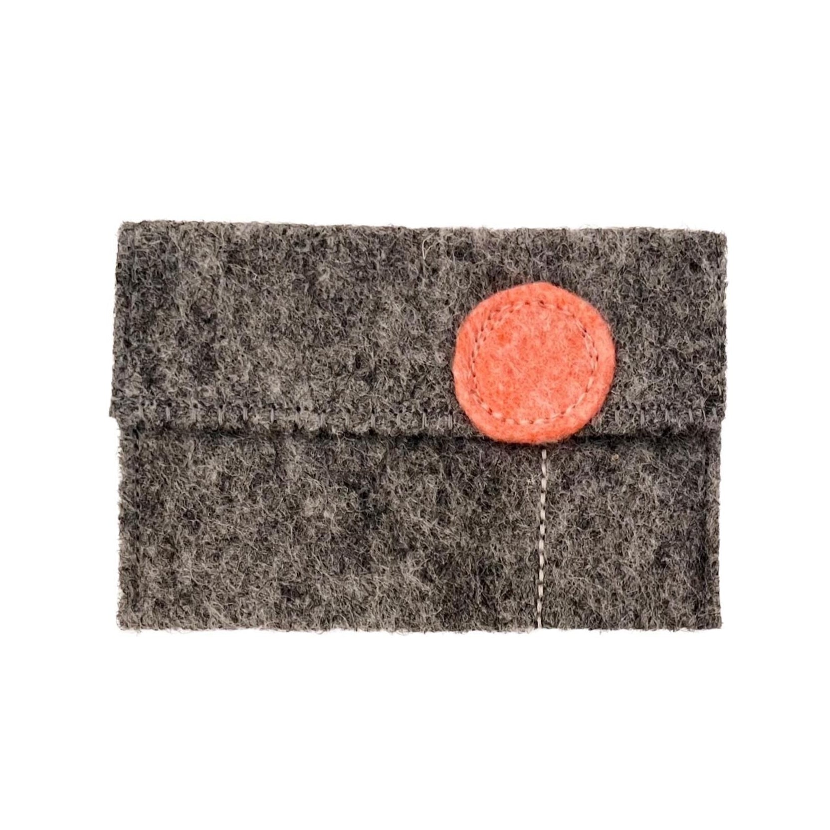 Gray felt pouch with a coral pink circular patch on a white background