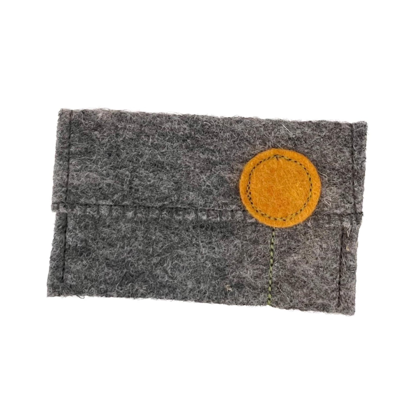 Gray felt pouch with a yellow circular patch on a white background