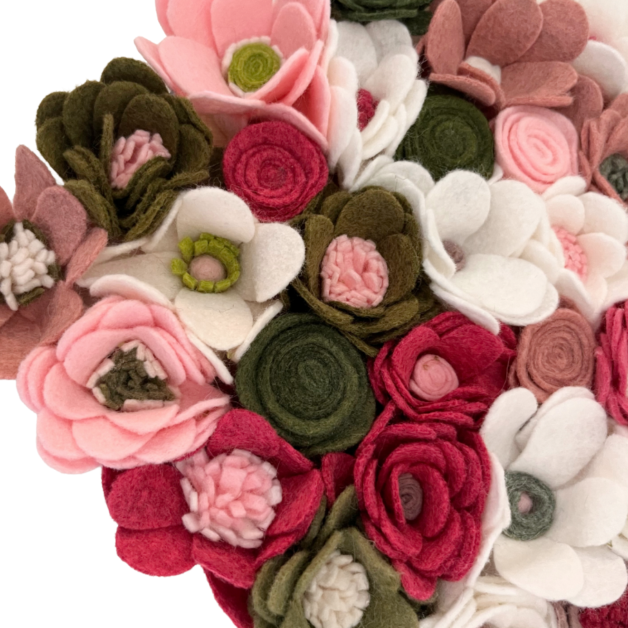 Handmade Felt Flower Hanging Heart - Blush & Sage Garden
