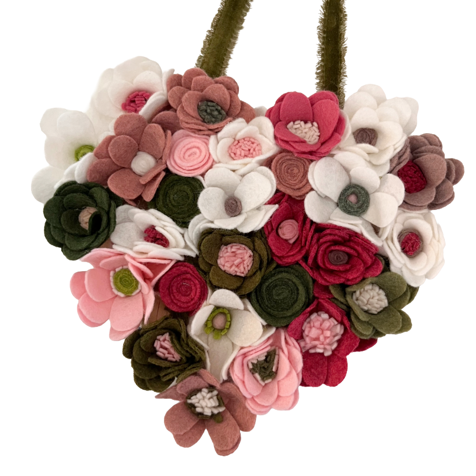 Handmade Felt Flower Hanging Heart - Blush & Sage Garden