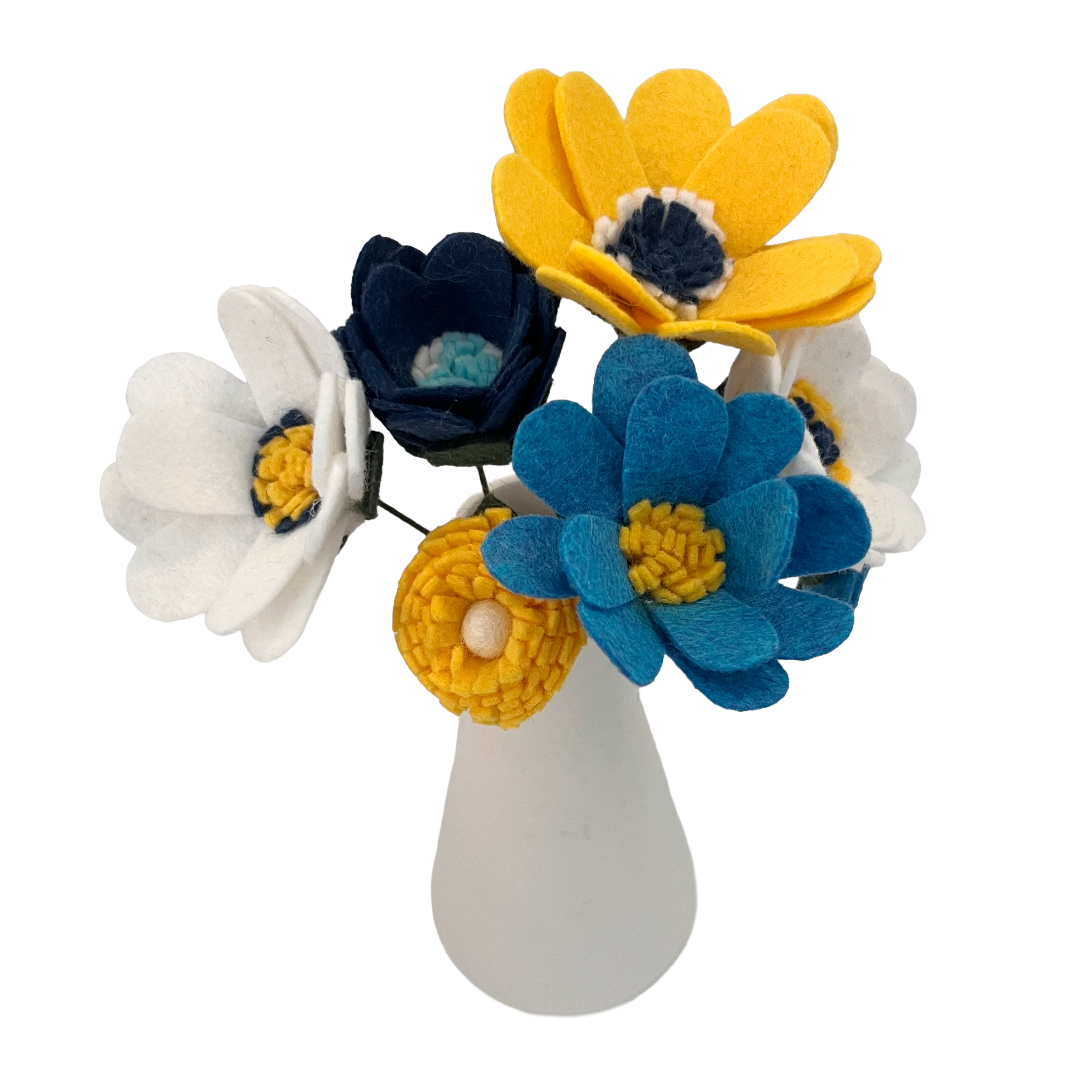 Decorative felt flower arrangement with yellow, blue, and white flowers on a white background