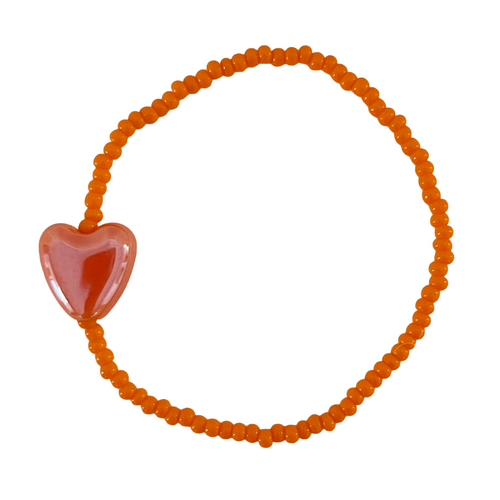 Orange beaded bracelet with a heart-shaped charm on a white background