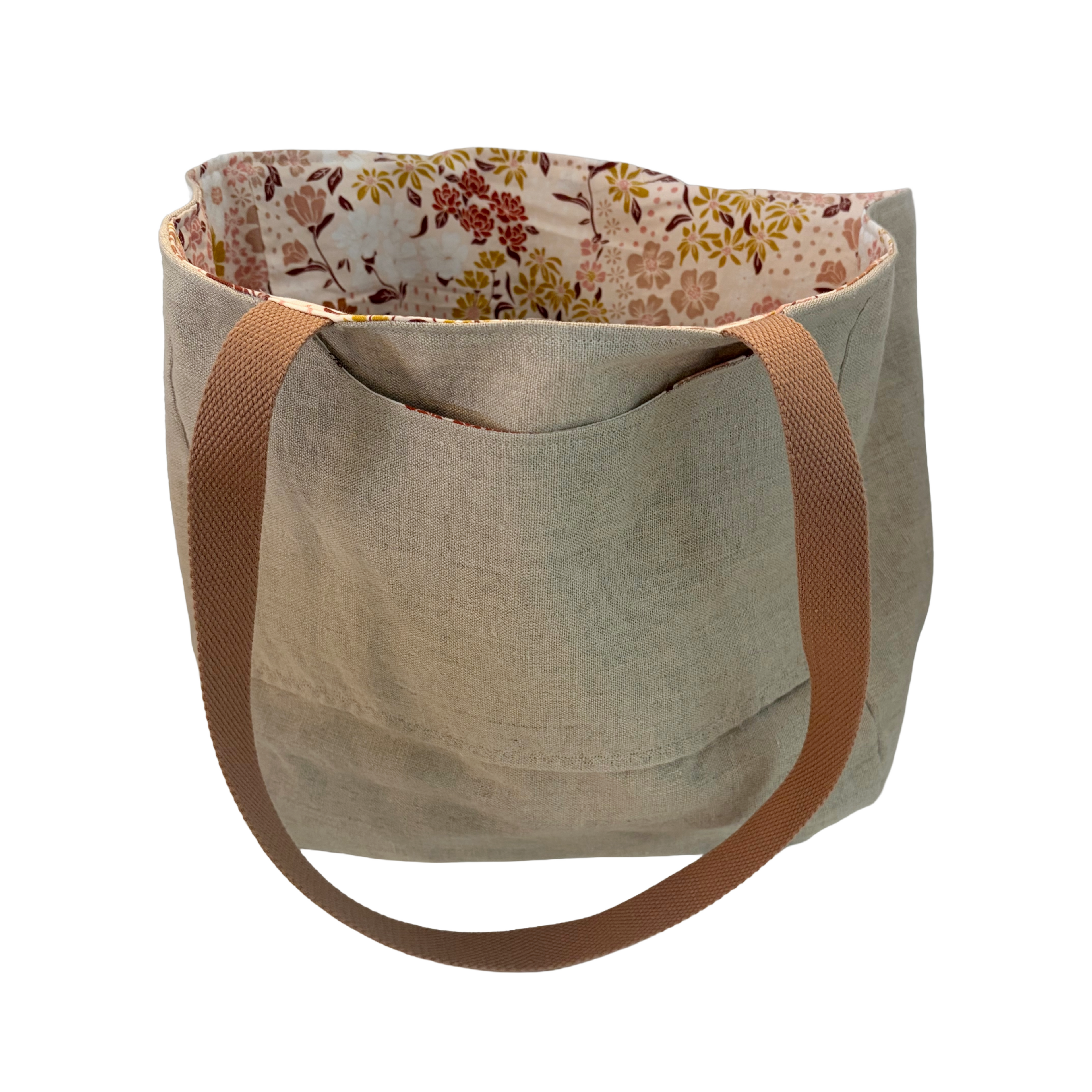 Linen Tote Bag with Rust Daisy Flower