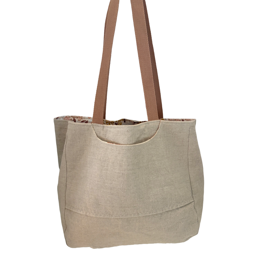 Linen Tote Bag with Rust Daisy Flower