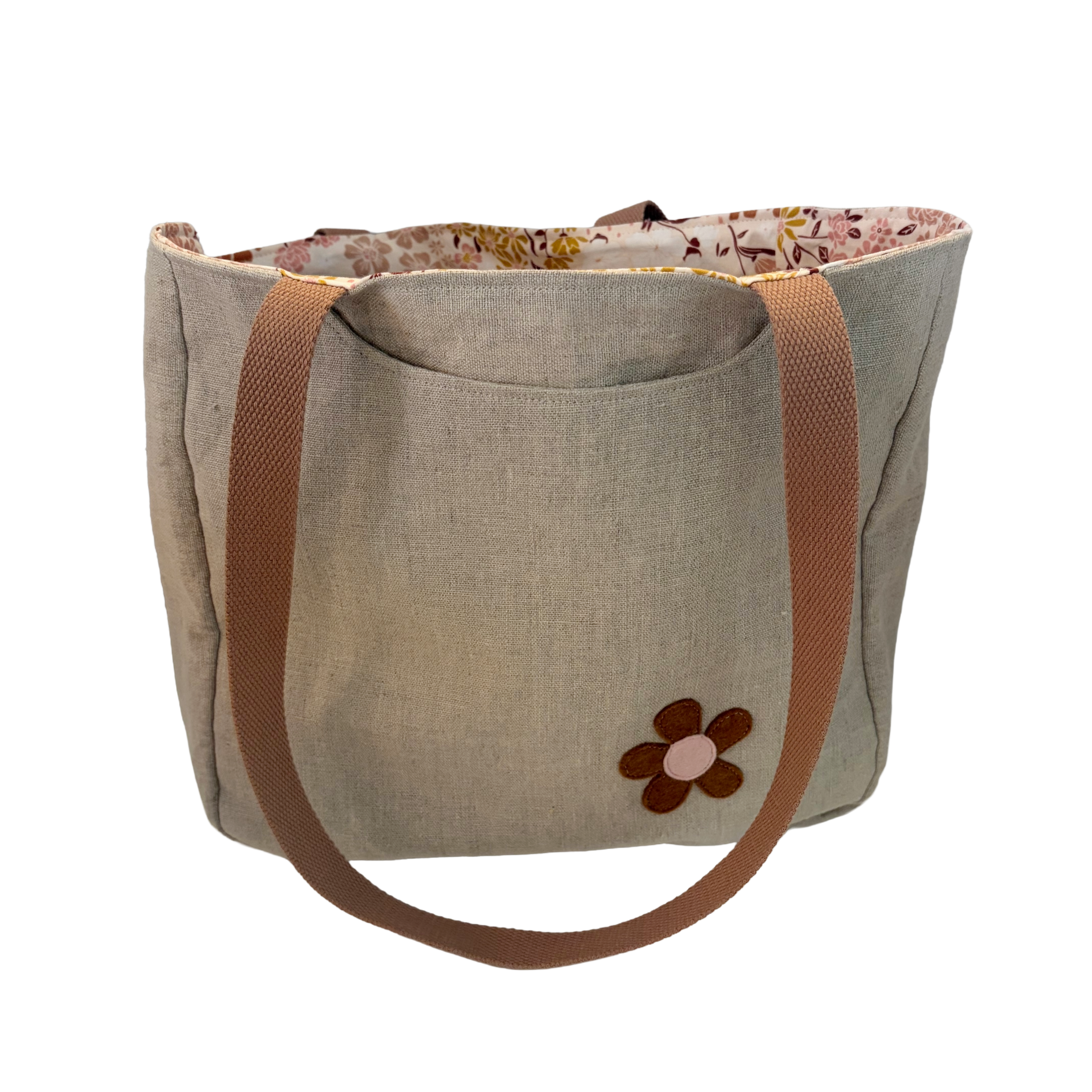 Linen Tote Bag with Rust Daisy Flower