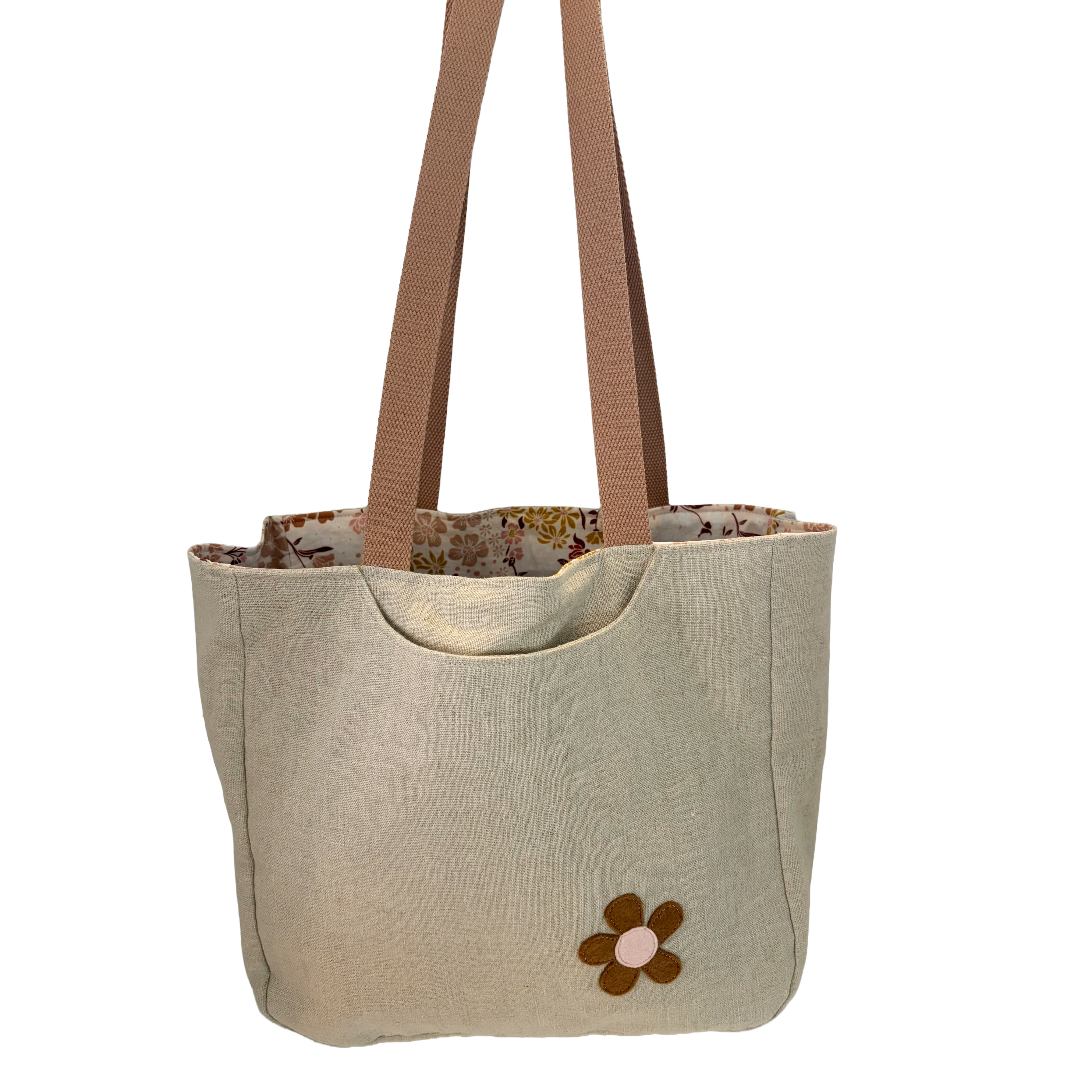 Linen Tote Bag with Rust Daisy Flower