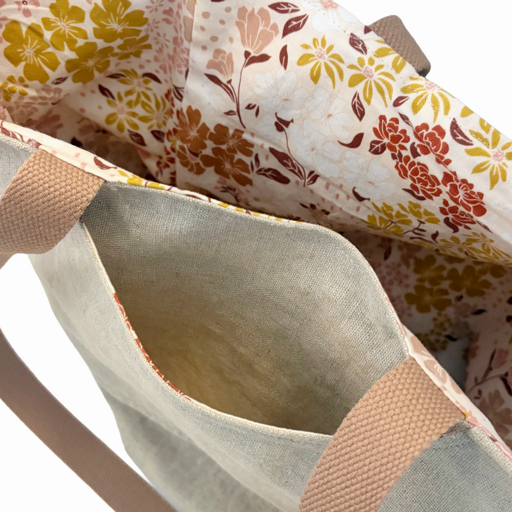 Linen Tote Bag with Rust Daisy Flower