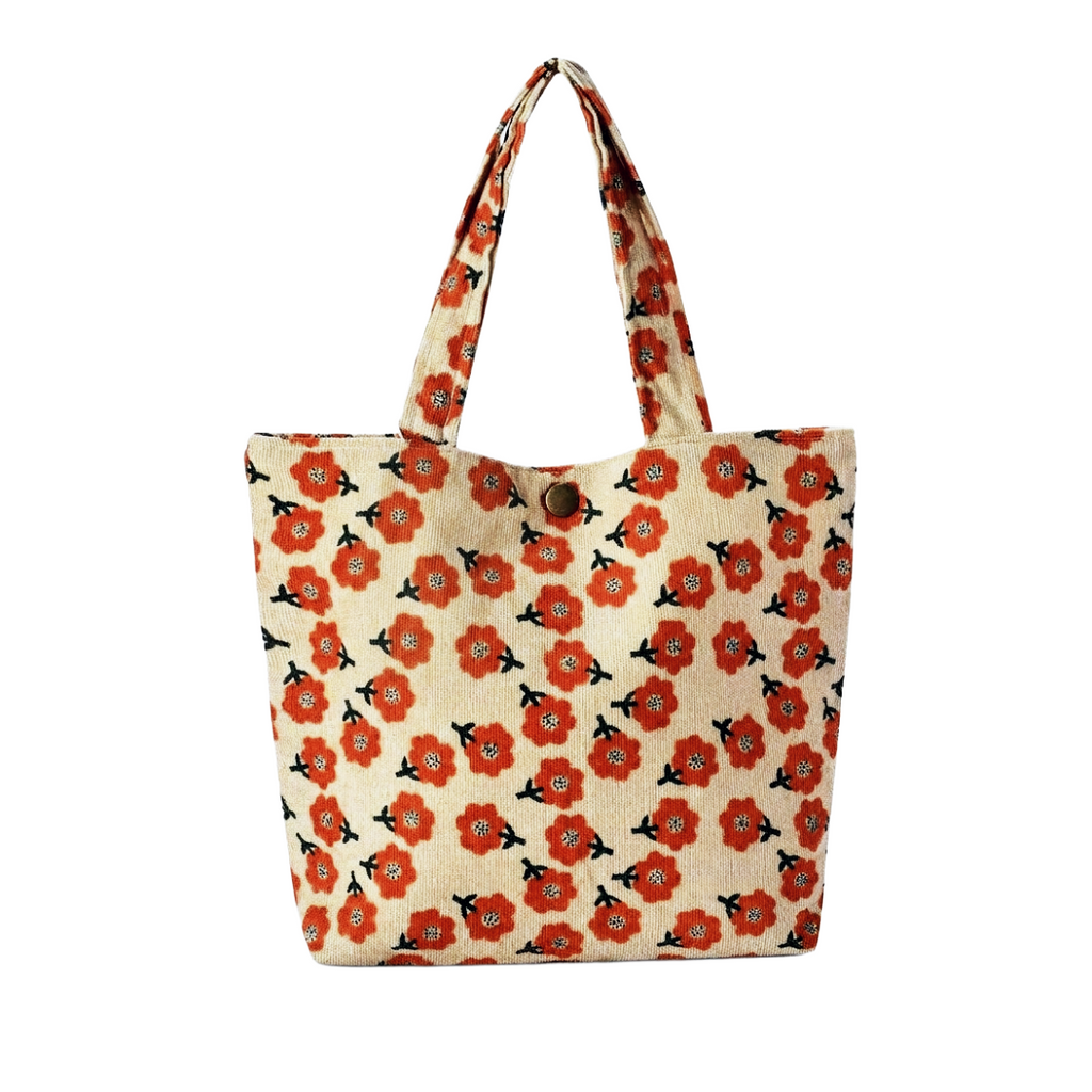 Retro Bloom Vintage Floral Corduroy Tote Bag