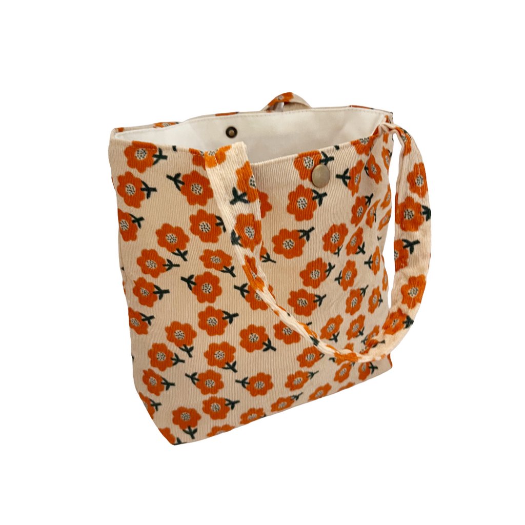 Retro Bloom Vintage Floral Corduroy Tote Bag