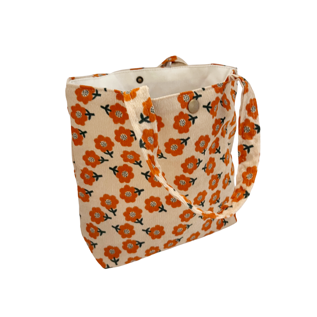 Retro Bloom Vintage Floral Corduroy Tote Bag