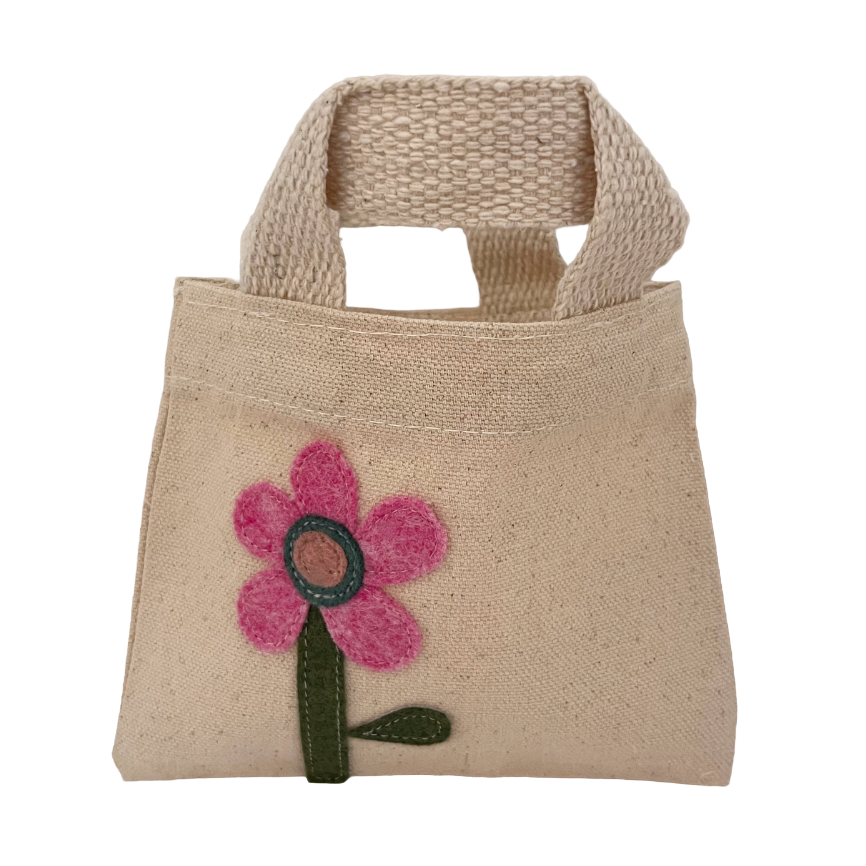 Small pink pouch with a red flower design on a white background
