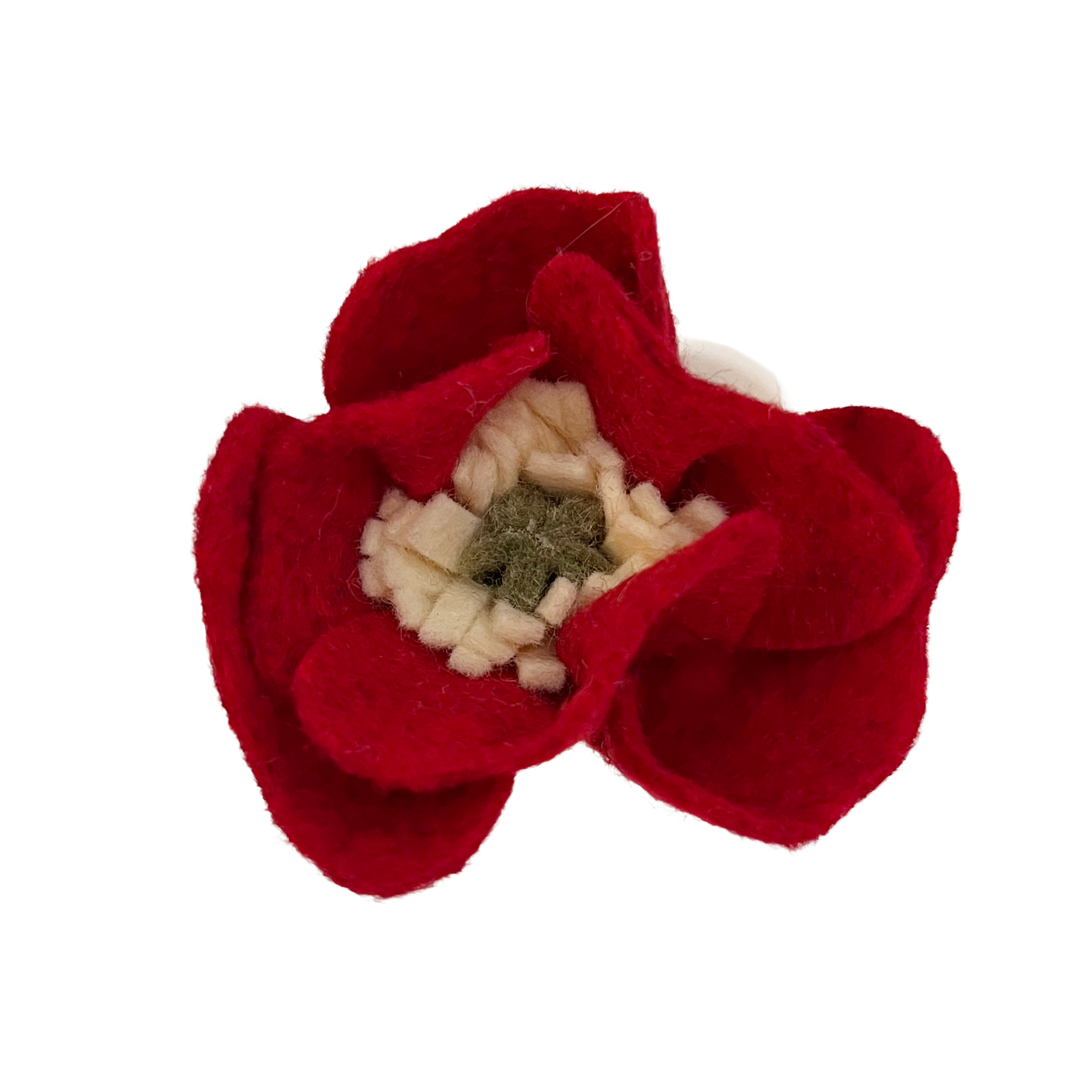 Red felt poppy flower with cream center on a white background