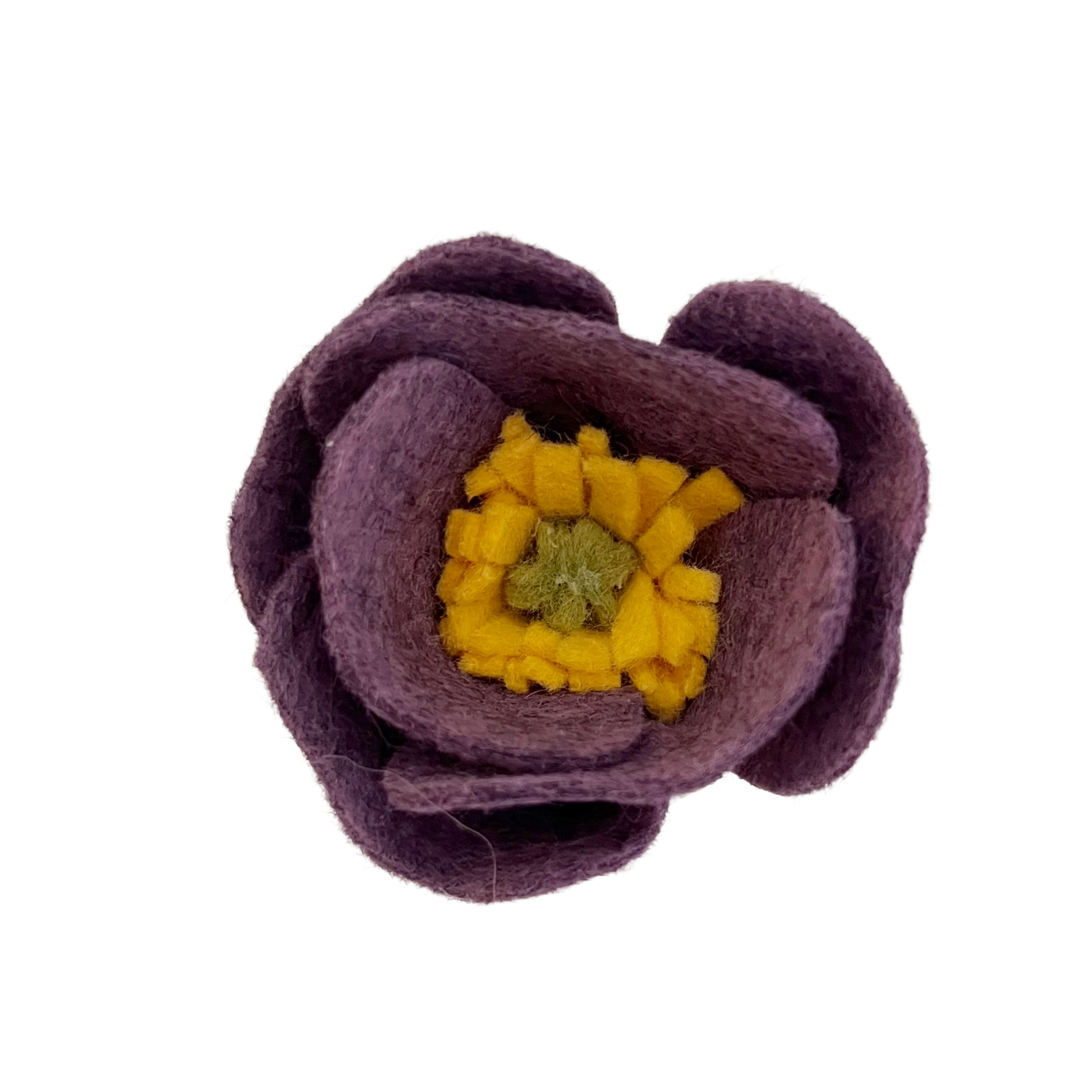 Purple felt poppy flower with a yellow center on a white background