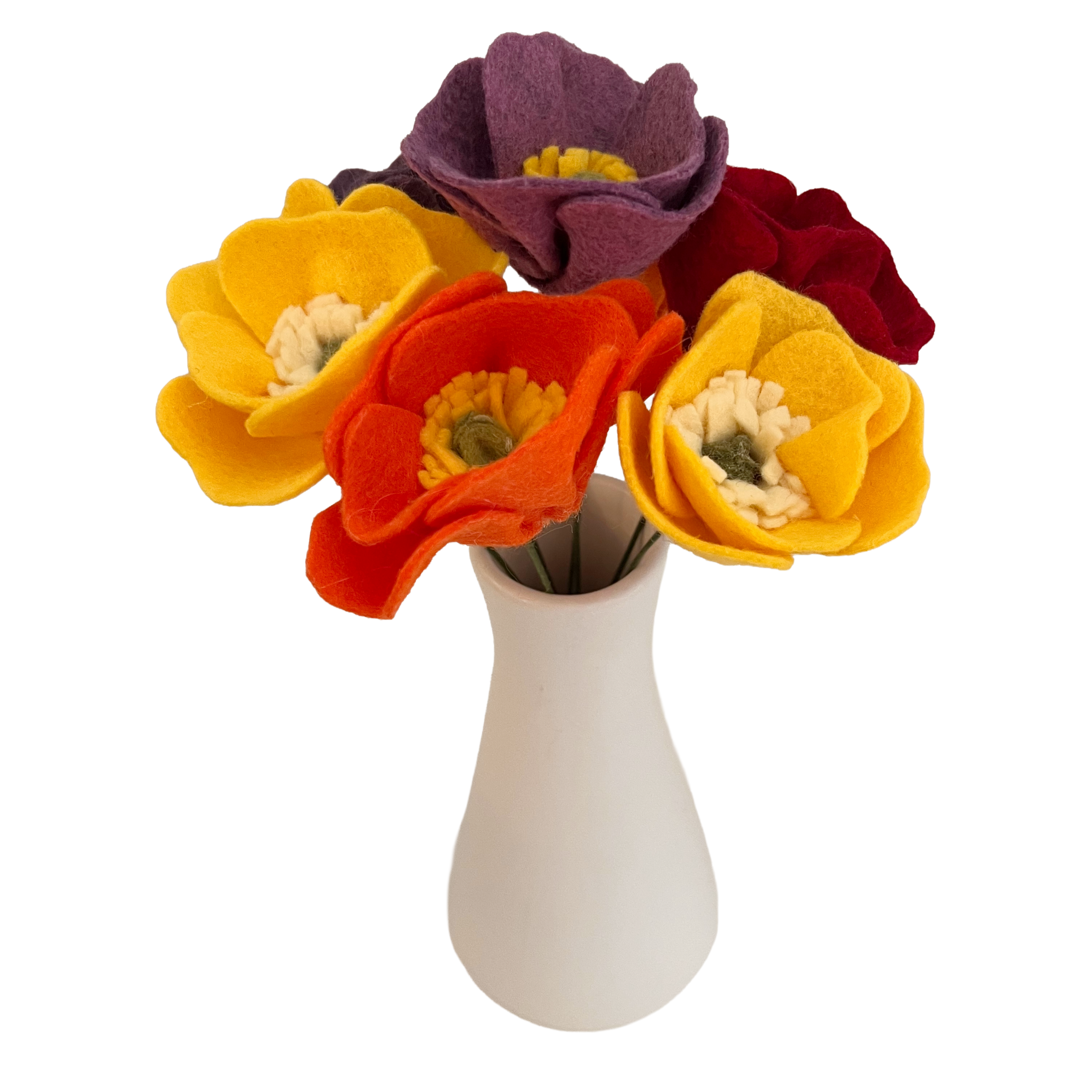 Colorful felt flowers in a white vase on a white background
