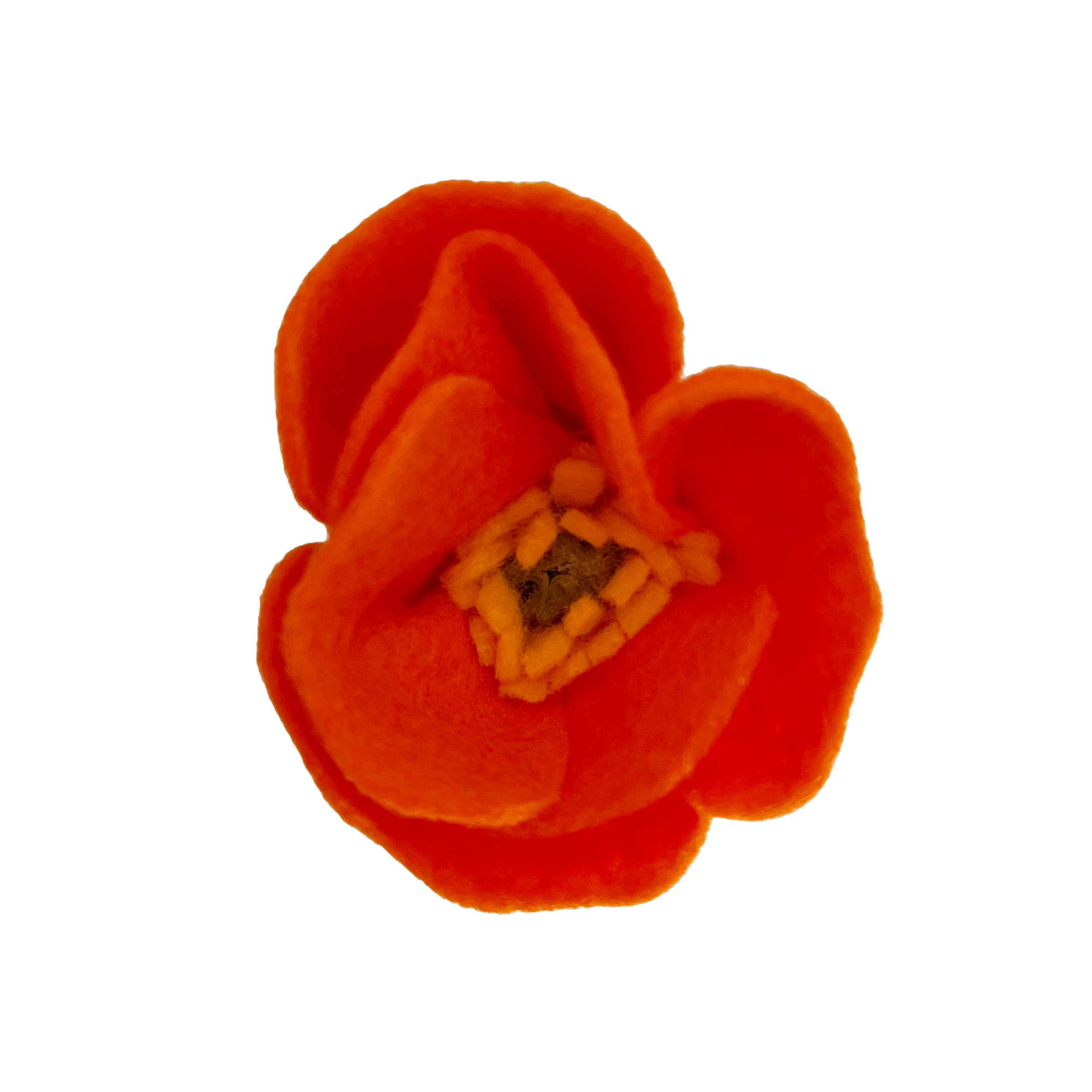 Orange poppy felt flower on a white background