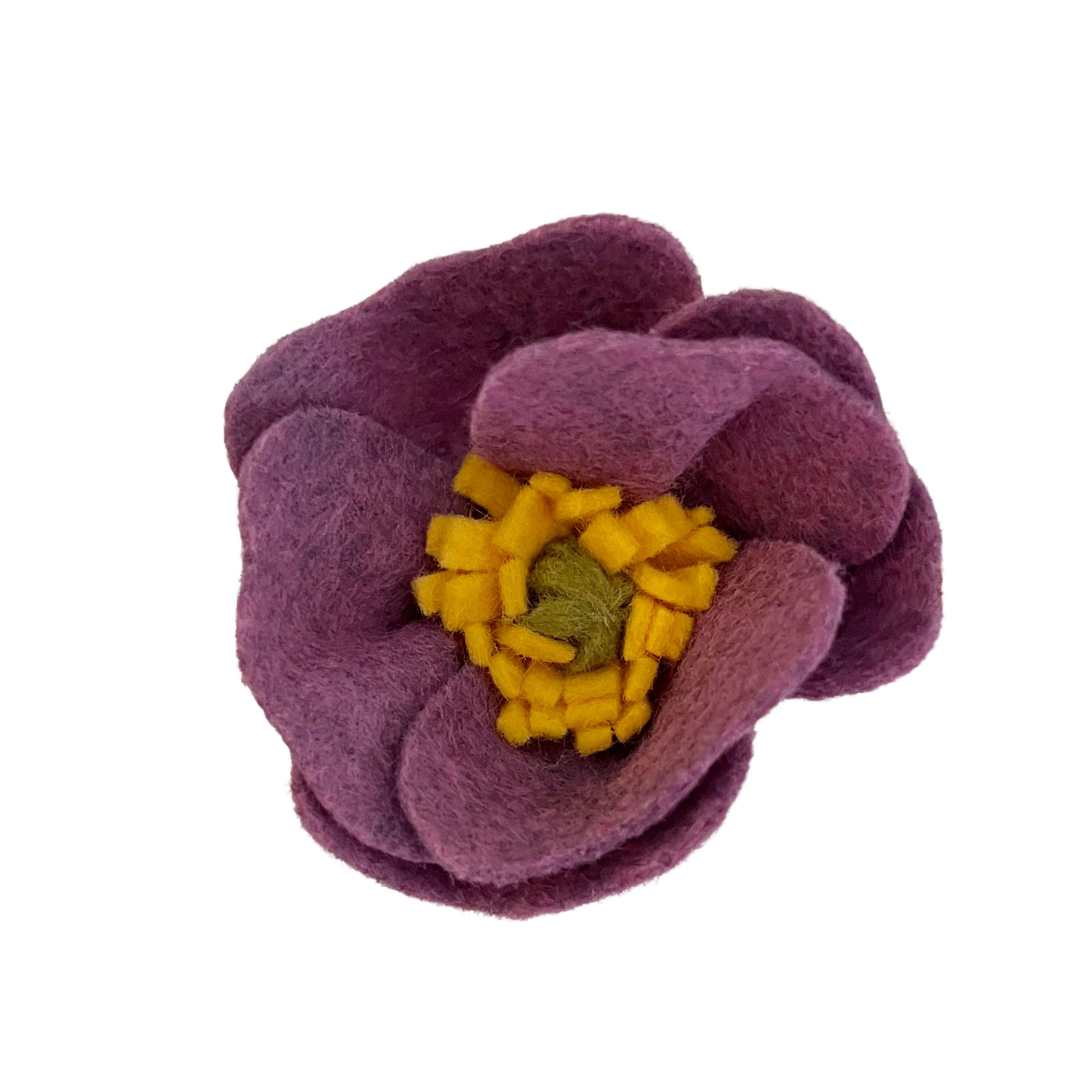 Purple felt poppy flower with yellow center on a white background