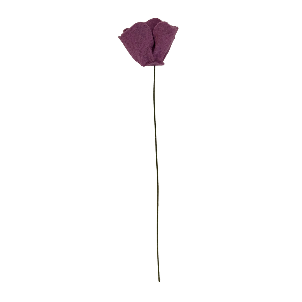Purple felt poppy stem on a white background