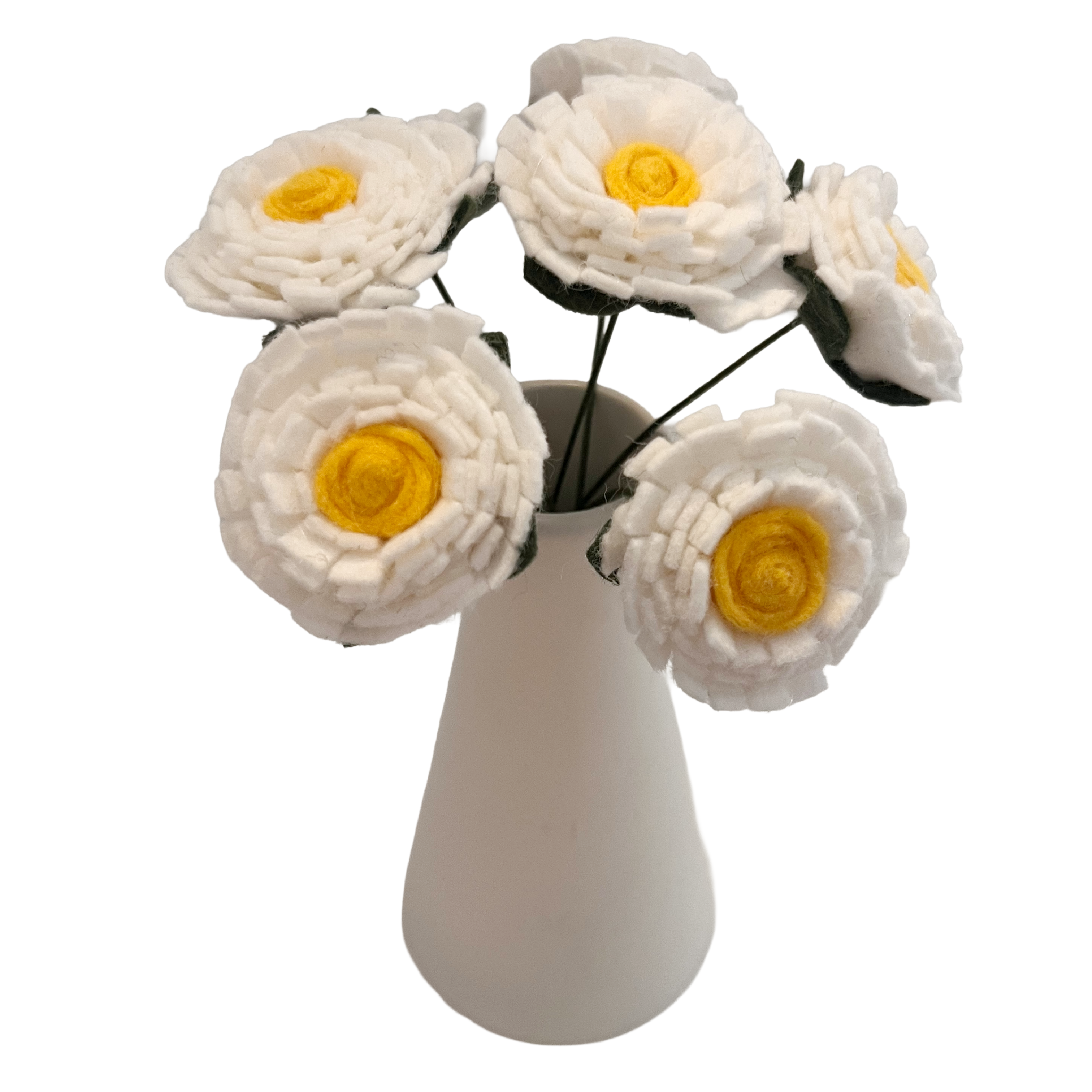 White vase with white flowers and yellow centers on a white background