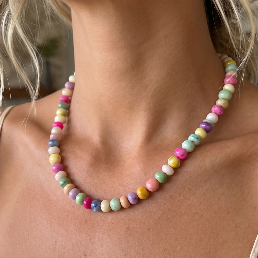 Close-up of a colorful beaded necklace worn by a person in a white top.