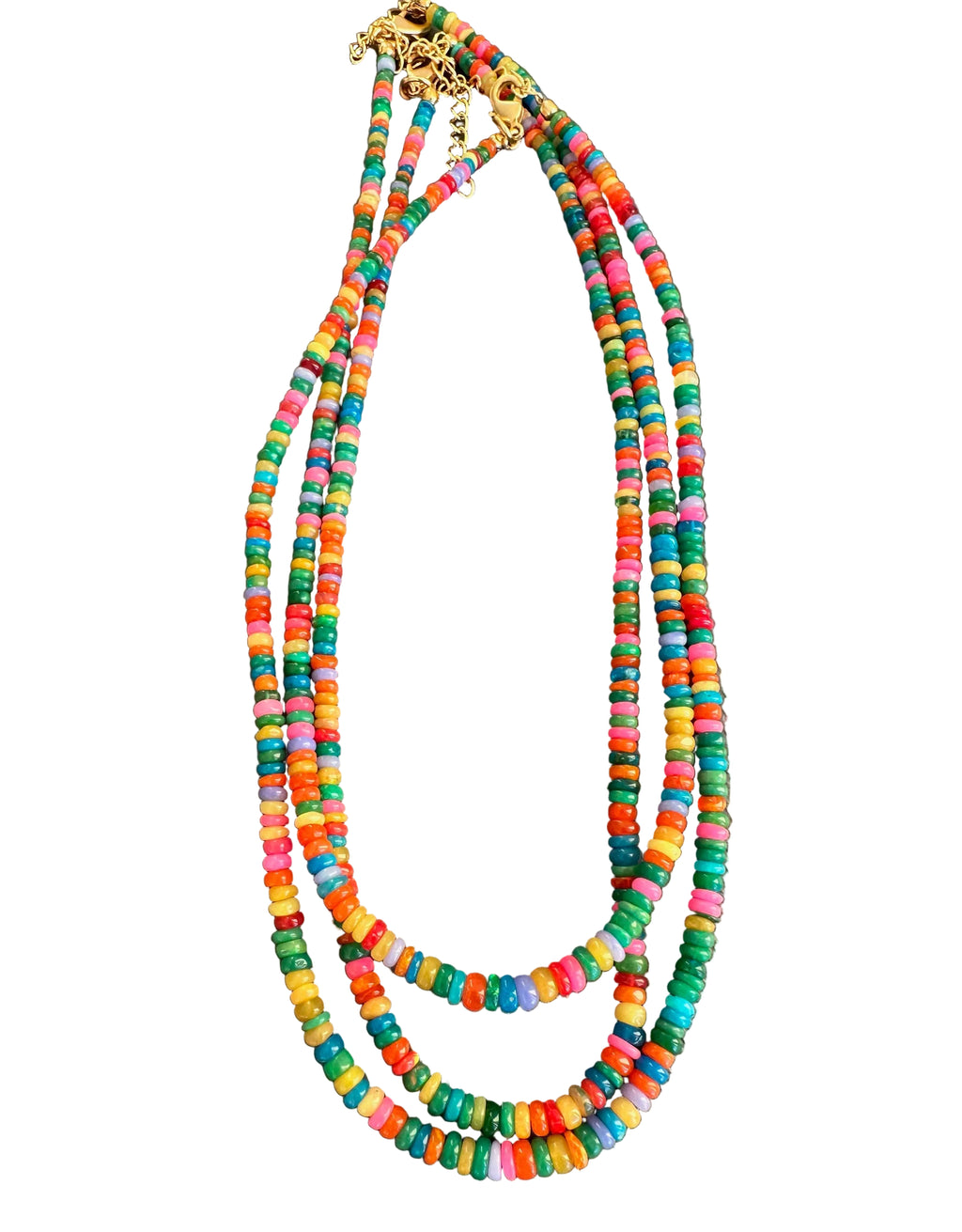A multi-strand beaded necklace made of small, colorful cylindrical beads in shades of green, yellow, orange, pink, and blue, displayed against a solid white background.