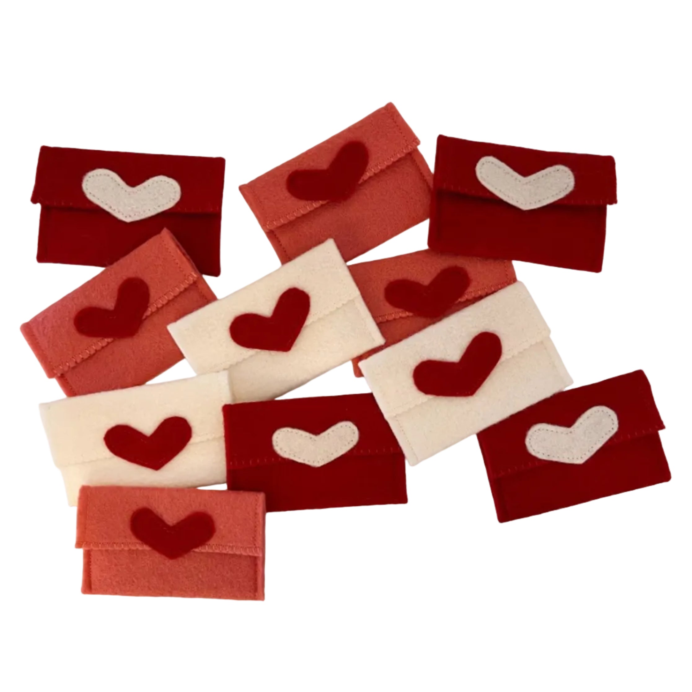 Red and beige envelopes with heart designs on a white background