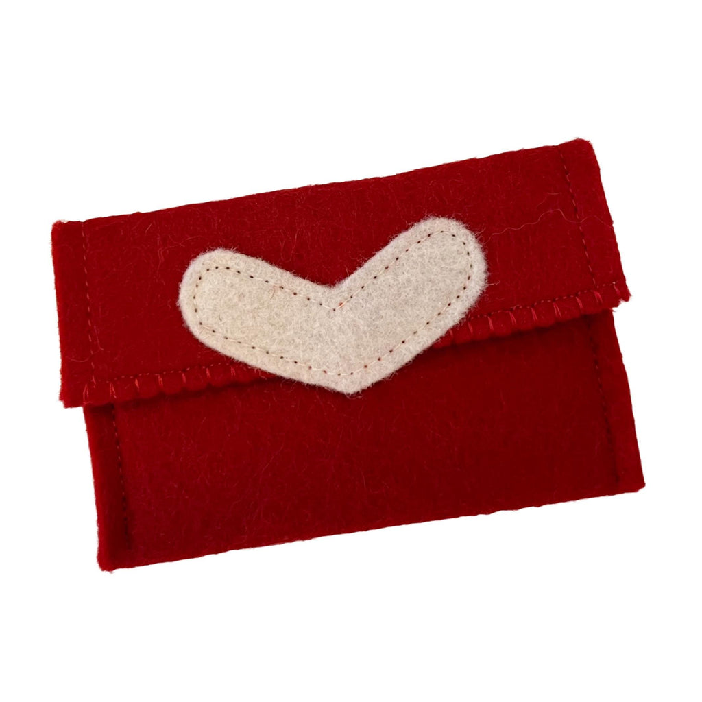 Red felt pouch with a white heart on a white background
