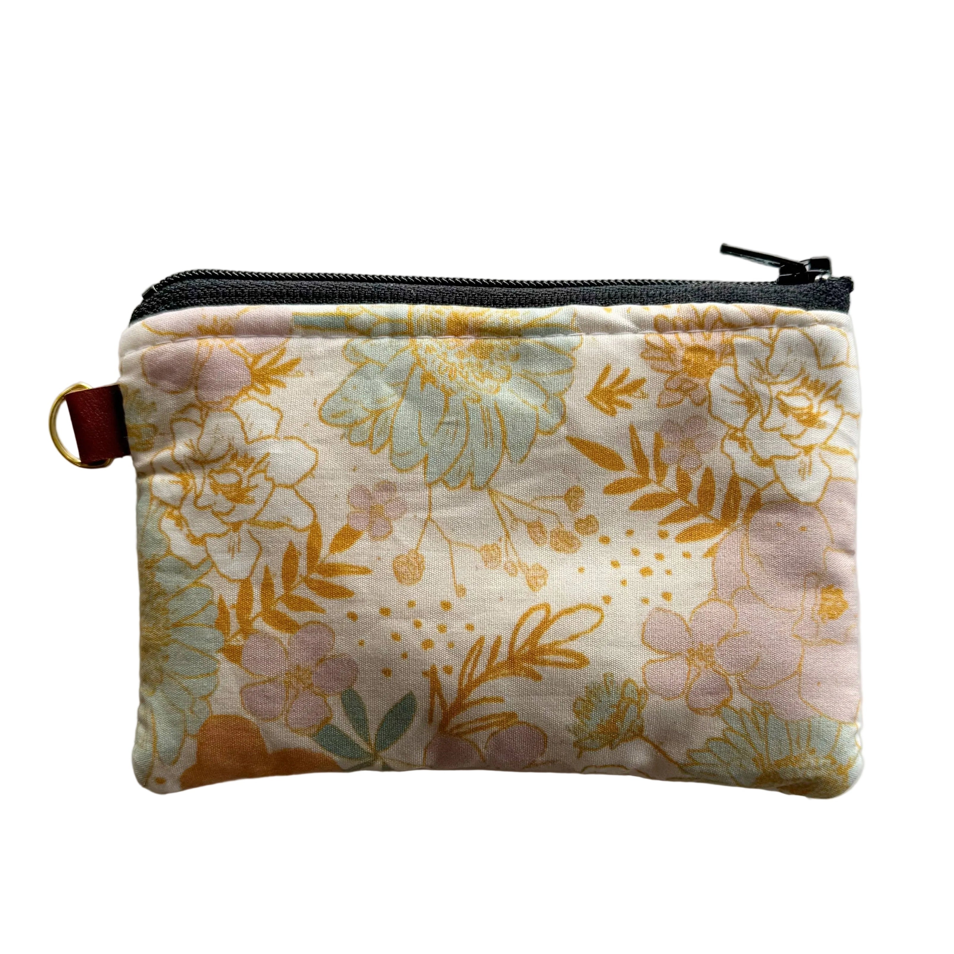 Floral patterned pouch with a zipper on a white background