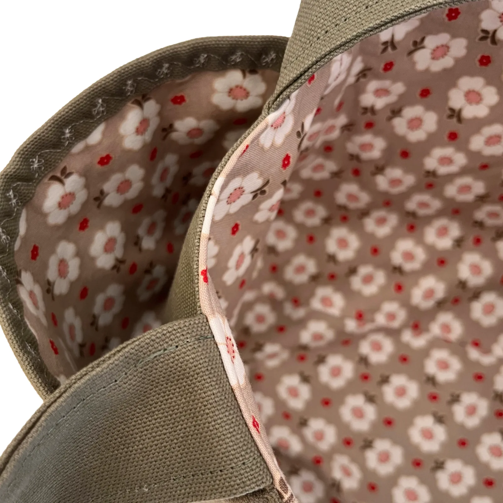 Close-up of a fabric product with floral pattern on a white background