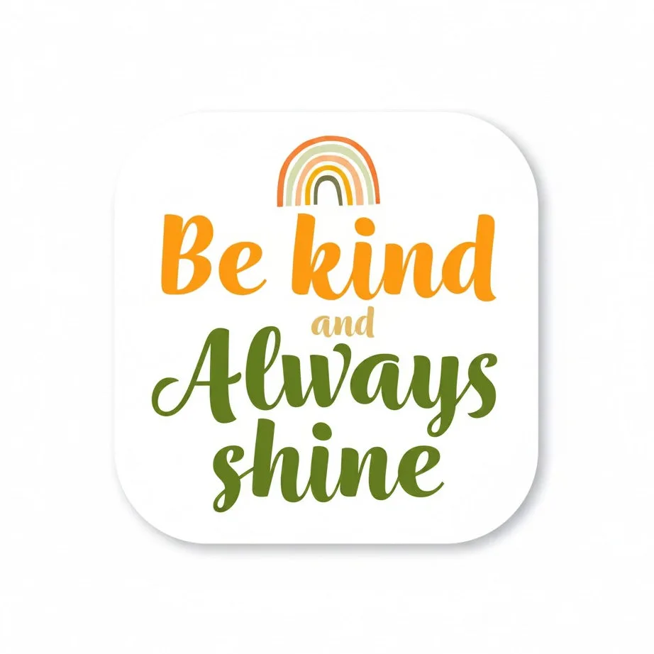 Be Kind Goods square vinyl sticker featuring a boho rainbow and the inspirational text Be kind and Always shine.