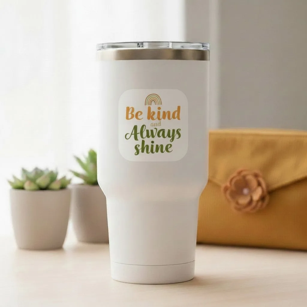 Be Kind Goods vinyl sticker with Be Kind and Always Shine text and rainbow graphic on a white insulated tumbler.