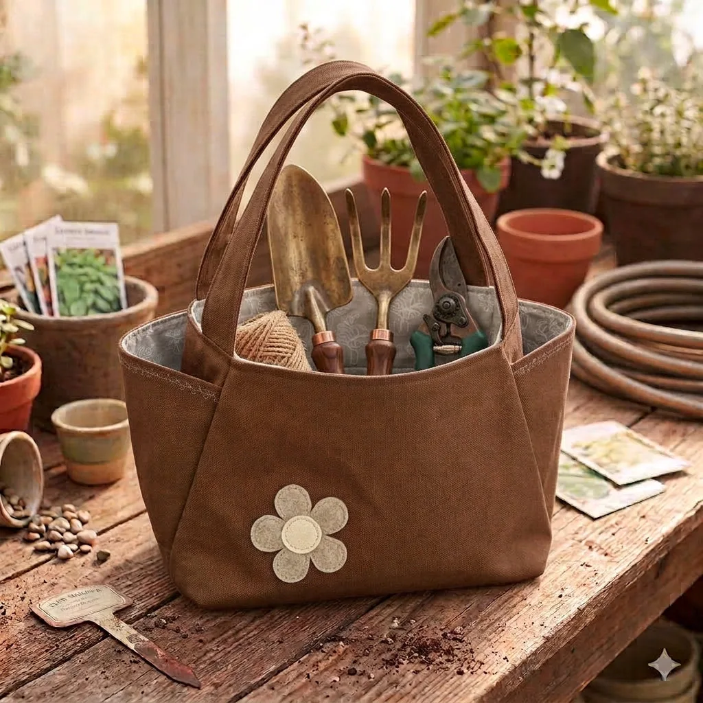 A brown canvas gardening tote bag with a flower applique sits on a rustic wooden table, filled with gardening tools like a trowel, fork, and pruning shears, with potted plants and garden props in the background.